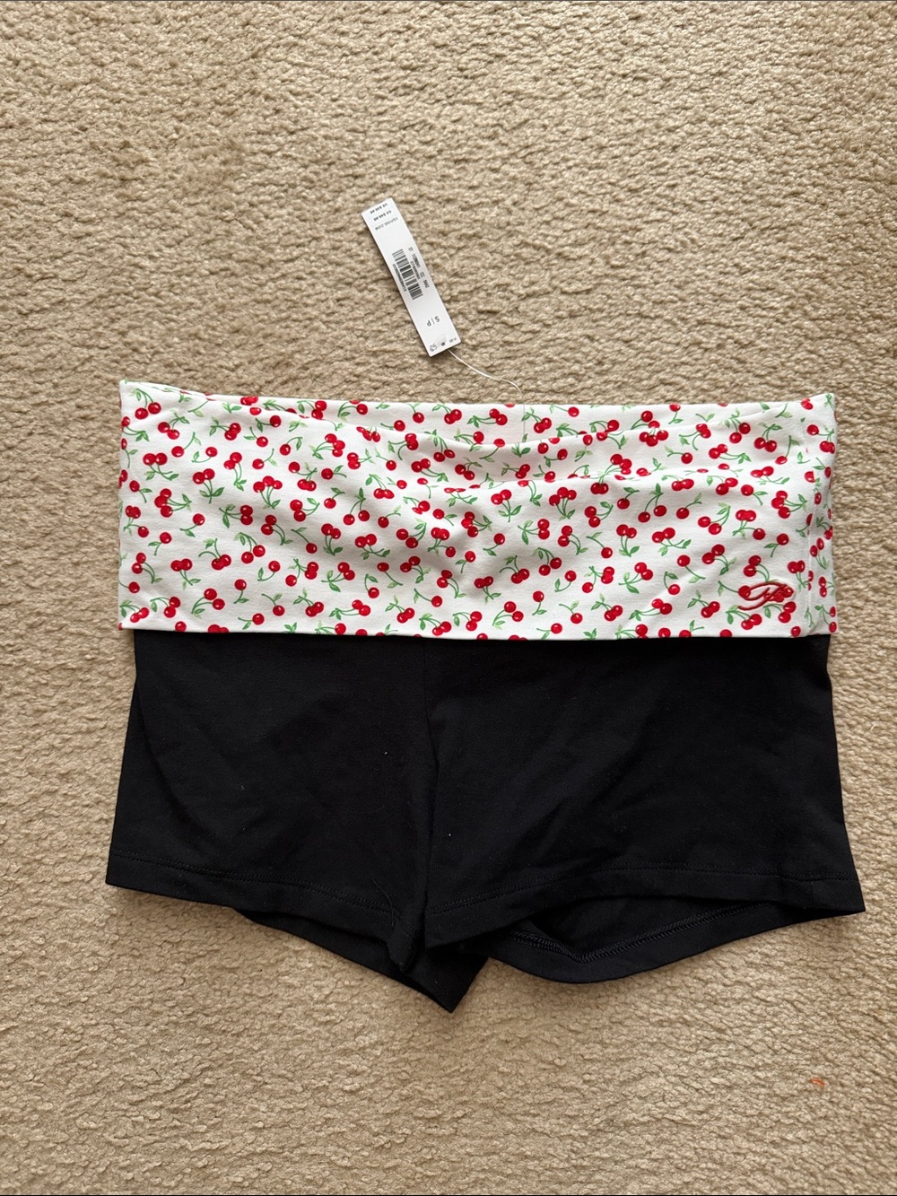 Frankie's Bikinis Black Shorts with White Cherry Foldover Waistband